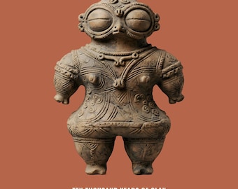 May include: A brown clay figurine with large, oval, closed eyes and intricate incised geometric patterns across its body. The figure has a wide head, prominent chest, and thick legs. Below the figure, the text reads: TEN THOUSAND YEARS OF CLAY.