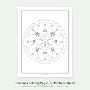 May include: A black and white printable coloring page featuring a circular mandala design with a scalloped edge. The pattern includes a central snowflake, surrounded by smaller snowflakes, stars, and dots. The text 1 of 30 - KDB Studio is visible.