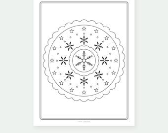 May include: A black and white printable coloring page featuring a circular mandala design with a scalloped edge. The pattern includes a central snowflake, surrounded by smaller snowflakes, stars, and dots. The text 1 of 30 - KDB Studio is visible.