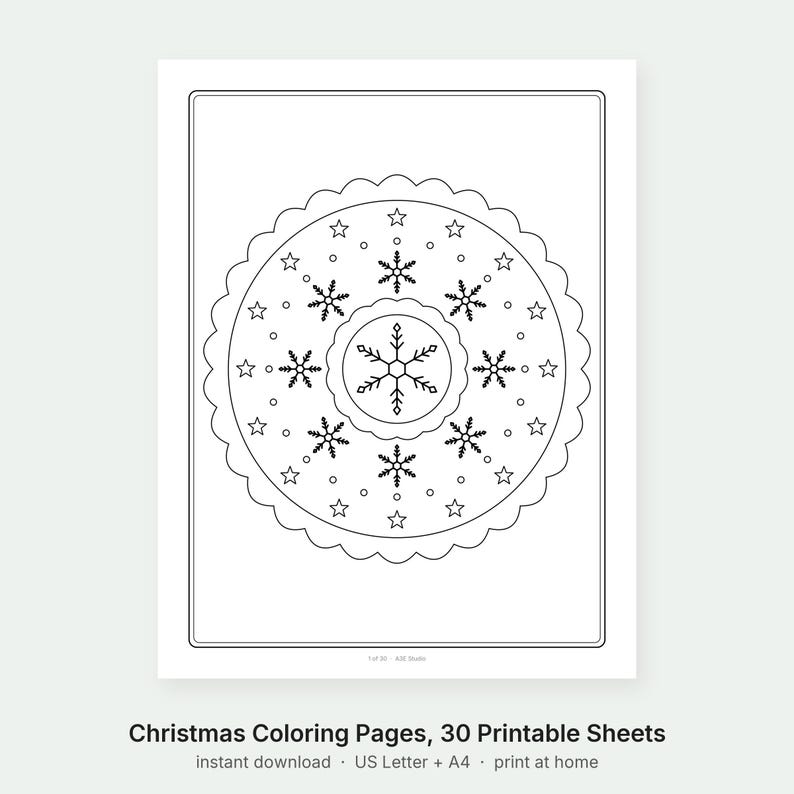 May include: A black and white printable coloring page featuring a circular mandala design with a scalloped edge. The pattern includes a central snowflake, surrounded by smaller snowflakes, stars, and dots. The text 1 of 30 - KDB Studio is visible.