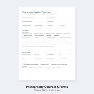 Puede incluir: Un formulario de contrato de servicios de fotograf&iacute;a en blanco con texto negro, que incluye secciones para los datos del fot&oacute;grafo y del cliente, informaci&oacute;n de reserva, tipos de sesi&oacute;n y condiciones de pago con casillas de verificaci&oacute;n.
