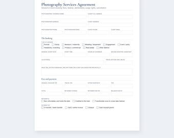 May include: A white Photography Services Agreement form with black text, featuring sections for photographer and client details, booking information, session types, and payment terms. The document includes checkboxes and blank lines for data entry.