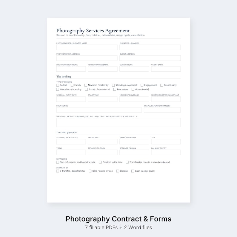 Puede incluir: Un formulario de contrato de servicios de fotograf&iacute;a en blanco con texto negro, que incluye secciones para los datos del fot&oacute;grafo y del cliente, informaci&oacute;n de reserva, tipos de sesi&oacute;n y condiciones de pago con casillas de verificaci&oacute;n.