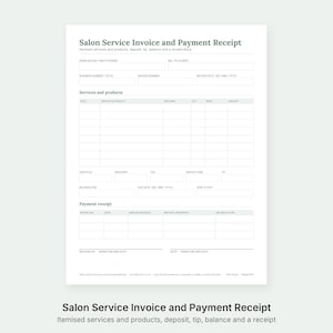 May include: A white Salon Service Invoice and Payment Receipt form with dark grey text. The document includes fields for business and client information, a services and products table, subtotal, tax, tip, balance due, and a payment receipt section.
