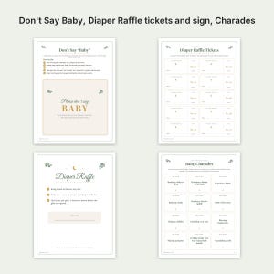 K&ouml;nnte beinhalten: Ein Set aus vier druckbaren Spielb&ouml;gen f&uuml;r eine Babyparty, bestehend aus einer Don't Say Baby-Anleitung, Windel-Tombola-Losen, einem Windel-Tombola-Schild und Baby-Charades-Karten. Jedes Blatt hat einen wei&szlig;en Hintergrund mit gr&uuml;nen Bl&auml;ttern.