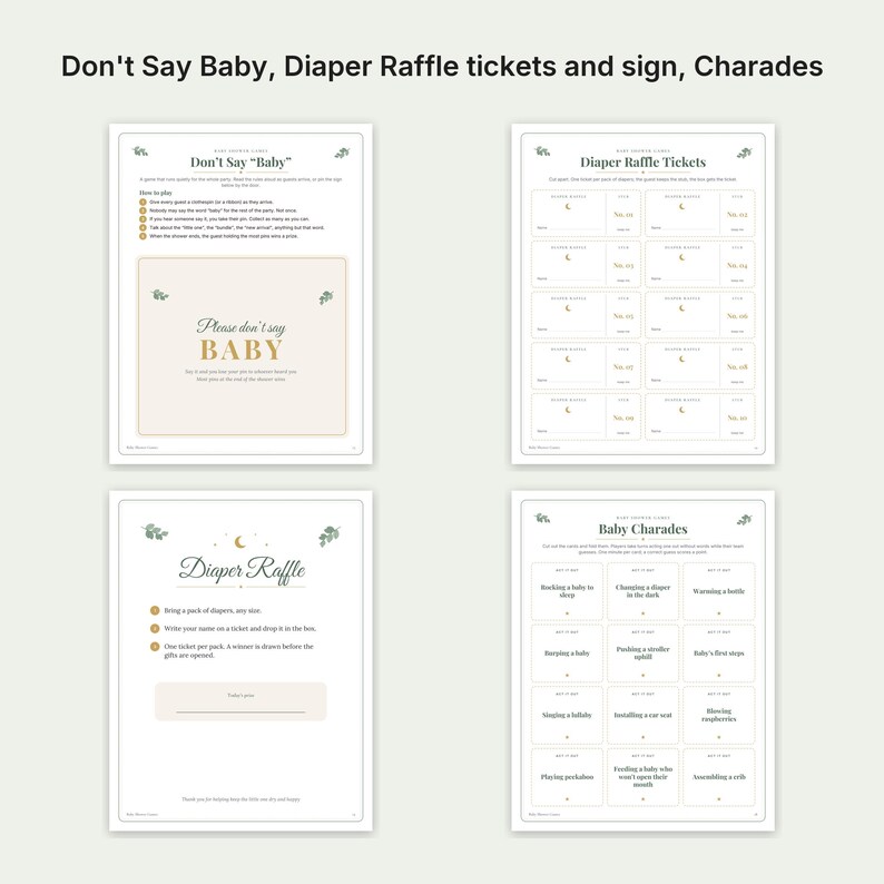 K&ouml;nnte beinhalten: Ein Set aus vier druckbaren Spielb&ouml;gen f&uuml;r eine Babyparty, bestehend aus einer Don't Say Baby-Anleitung, Windel-Tombola-Losen, einem Windel-Tombola-Schild und Baby-Charades-Karten. Jedes Blatt hat einen wei&szlig;en Hintergrund mit gr&uuml;nen Bl&auml;ttern.