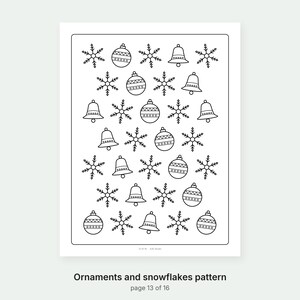 May include: A black and white coloring page featuring a repeating pattern of Christmas ornaments and snowflakes. The design includes various line-art illustrations of round baubles with horizontal stripes and bells arranged in a grid layout.