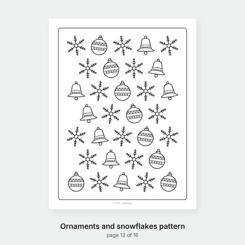 May include: A black and white coloring page featuring a repeating pattern of Christmas ornaments and snowflakes. The design includes various line-art illustrations of round baubles with horizontal stripes and bells arranged in a grid layout.