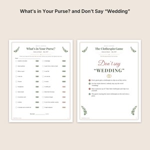 May include: Two white paper game cards for a bridal shower. The left card is titled What's in Your Purse? with a checklist of items and point values. The right card is titled The Clothespin Game and features instructions for the Don't say Wedding game.