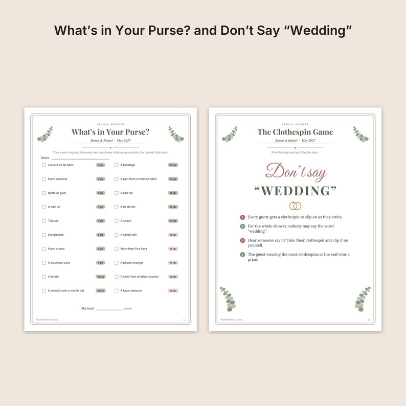 May include: Two white paper game cards for a bridal shower. The left card is titled What's in Your Purse? with a checklist of items and point values. The right card is titled The Clothespin Game and features instructions for the Don't say Wedding game.