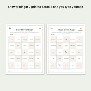 K&ouml;nnte beinhalten: Zwei wei&szlig;e, rechteckige Baby-Shower-Bingo-Spielkarten mit einem Raster aus Feldern, die Text enthalten. Die Karten verf&uuml;gen &uuml;ber ein zentrales freies Feld mit einem Mondsichel-Symbol. Der Text oben lautet Shower Bingo: 2 printed cards.