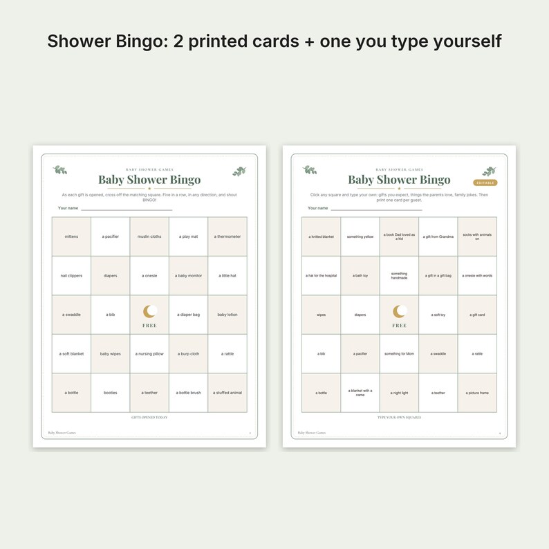 K&ouml;nnte beinhalten: Zwei wei&szlig;e, rechteckige Baby-Shower-Bingo-Spielkarten mit einem Raster aus Feldern, die Text enthalten. Die Karten verf&uuml;gen &uuml;ber ein zentrales freies Feld mit einem Mondsichel-Symbol. Der Text oben lautet Shower Bingo: 2 printed cards.