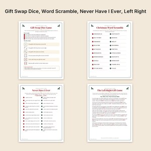 May include: A set of four printable Christmas party game sheets featuring the titles Gift Swap Dice Game, Christmas Word Scramble, Never Have I Ever, and The Left Right Gift Game. Each white sheet includes black text, red accents, and holly icons.