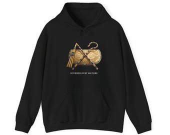 May include: A black hooded sweatshirt featuring a graphic print of a golden Egyptian crook and flail crossed over a golden cartouche. Below the graphic, the text SOVEREIGN BY NATURE is printed in white capital letters on the chest.