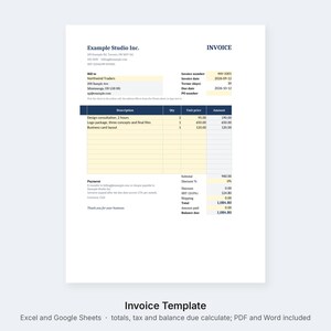 Puede incluir: Una plantilla de factura blanca titulada INVOICE de Example Studio Inc. El documento incluye secciones para detalles de facturación, número de factura INV-1001, fecha 2026-09-12 y una tabla con columnas para descripción, cantidad, precio unitario y monto total.