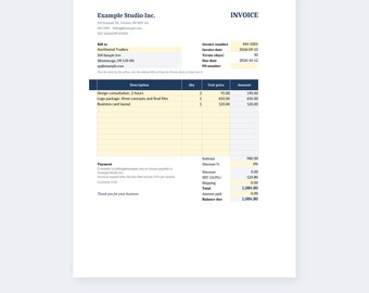 May include: A white invoice template document titled INVOICE from Example Studio Inc. The form includes sections for billing details, invoice number INV-1001, date 2026-09-12, and a table with columns for description, quantity, unit price, and total amount.