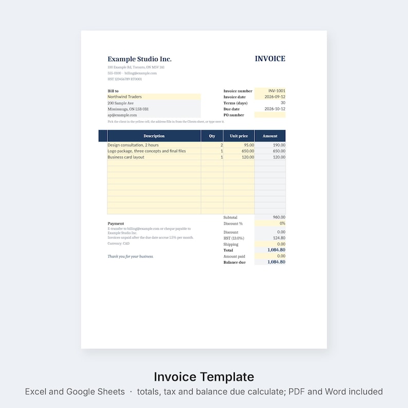Invoice Template Excel and Google Sheets, Editable Invoice With Invoice ...