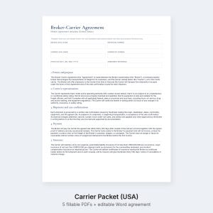 Op de afbeelding: Een wit document getiteld Broker-Carrier Agreement met secties voor wettelijke namen, MC-nummers, ingangsdata en referentienummers. De tekst beschrijft partijen, vervoerdersverklaringen, verzendvoorwaarden, betaling en verzekeringseisen.