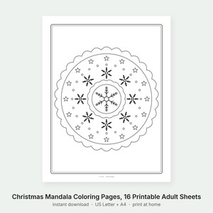 May include: A black and white printable coloring page featuring a circular mandala design with a central snowflake, surrounded by smaller snowflakes, stars, and small circles, all enclosed within a scalloped border and a rectangular frame.
