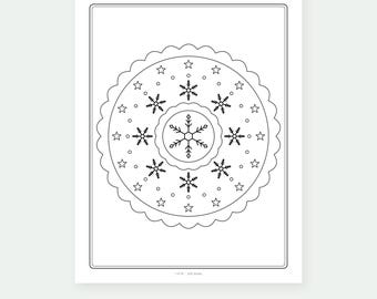 May include: A black and white printable coloring page featuring a circular mandala design with a central snowflake, surrounded by smaller snowflakes, stars, and small circles, all enclosed within a scalloped border and a rectangular frame.