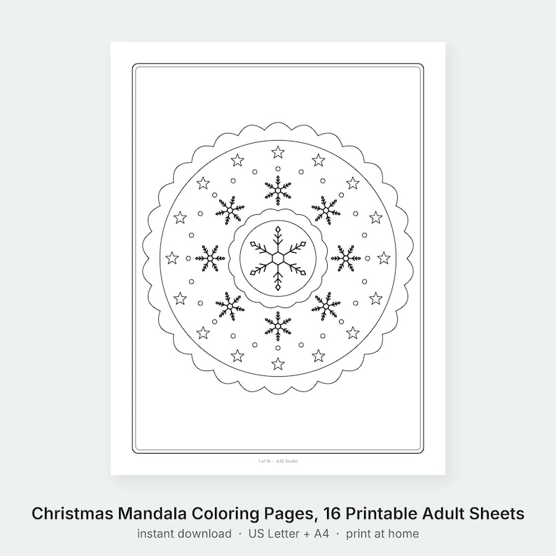 May include: A black and white printable coloring page featuring a circular mandala design with a central snowflake, surrounded by smaller snowflakes, stars, and small circles, all enclosed within a scalloped border and a rectangular frame.
