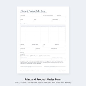 Puede incluir: Un formulario de pedido de impresiones y productos en color blanco con secciones para datos del cliente, referencia de galer&iacute;a, fecha, tel&eacute;fono, correo electr&oacute;nico y n&uacute;mero de pedido, adem&aacute;s de una tabla de art&iacute;culos y l&iacute;neas de firma.