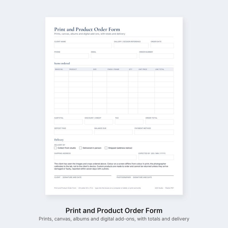 Puede incluir: Un formulario de pedido de impresiones y productos en color blanco con secciones para datos del cliente, referencia de galer&iacute;a, fecha, tel&eacute;fono, correo electr&oacute;nico y n&uacute;mero de pedido, adem&aacute;s de una tabla de art&iacute;culos y l&iacute;neas de firma.