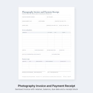 Puede incluir: Un formulario blanco de factura de fotograf&iacute;a y recibo de pago con texto negro. Incluye campos para informaci&oacute;n de la empresa y del cliente, detalles de la sesi&oacute;n, una tabla de servicios, subtotal, impuestos, anticipo y una secci&oacute;n de recibo.