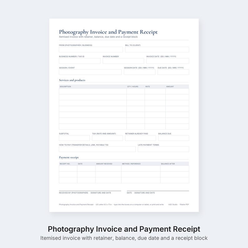 Puede incluir: Un formulario blanco de factura de fotograf&iacute;a y recibo de pago con texto negro. Incluye campos para informaci&oacute;n de la empresa y del cliente, detalles de la sesi&oacute;n, una tabla de servicios, subtotal, impuestos, anticipo y una secci&oacute;n de recibo.