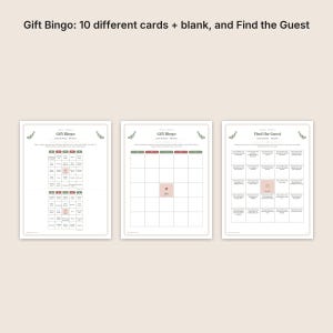 May include: Three printable game sheets titled Gift Bingo and Find the Guest. The sheets feature grid layouts with text, green and red accents, and small floral illustrations. The text reads Gift Bingo: 10 different cards + blank, and Find the Guest.