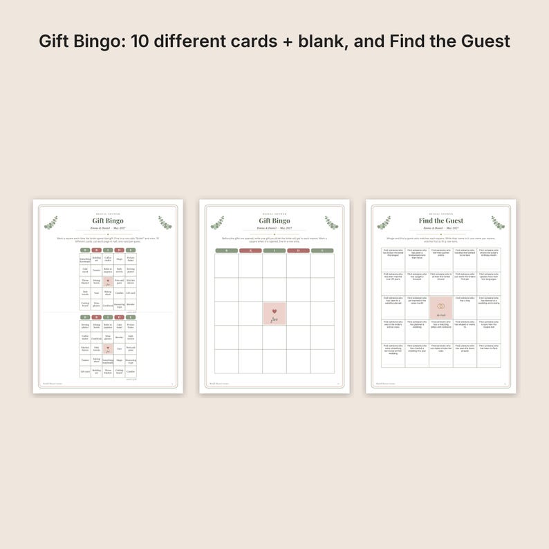 May include: Three printable game sheets titled Gift Bingo and Find the Guest. The sheets feature grid layouts with text, green and red accents, and small floral illustrations. The text reads Gift Bingo: 10 different cards + blank, and Find the Guest.