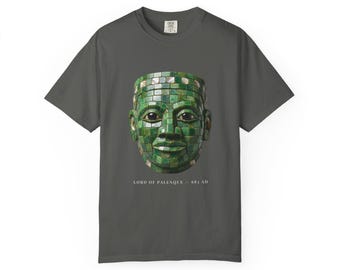 Maya Jade Mosaic Mask T-Shirt, Ancient Maya Art Tee, Palenque Pakal Shirt, History Lover Gift, Unisex Garment-Dyed Tee