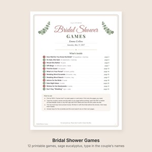 May include: A printable bridal shower games document featuring sage green eucalyptus leaf illustrations, the title Bridal Shower GAMES, Emma Collins, Saturday, May 15, 2027, and a numbered list of twelve activities including How Well Do You Know the Bride.