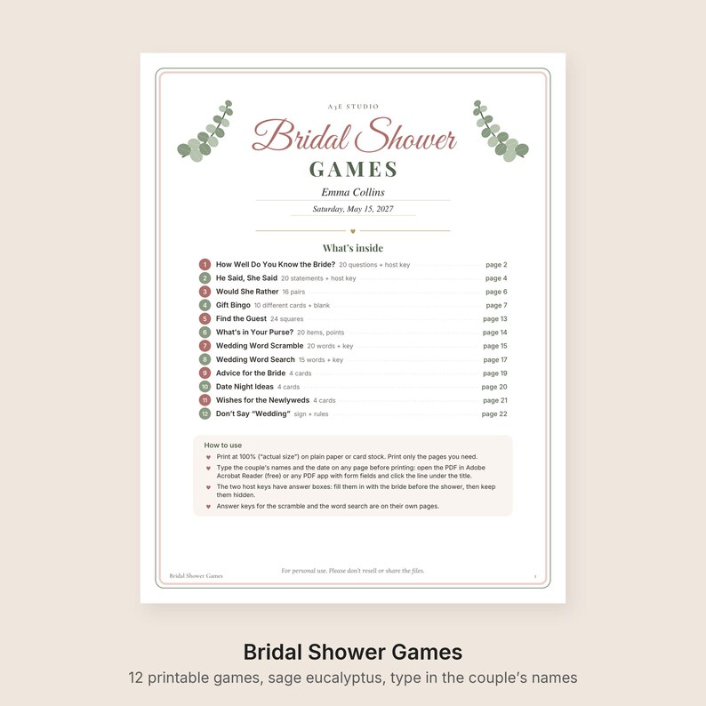 May include: A printable bridal shower games document featuring sage green eucalyptus leaf illustrations, the title Bridal Shower GAMES, Emma Collins, Saturday, May 15, 2027, and a numbered list of twelve activities including How Well Do You Know the Bride.