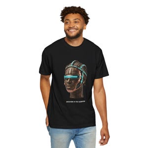 Cyberpunk Benin Bronze T-Shirt, Graphic Art Tee, Bronze & Nile Collection Tee, African Art Gift, Unisex Garment-Dyed image 2