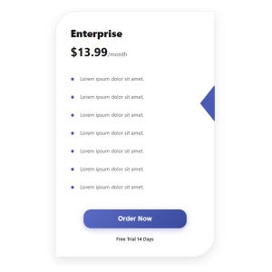 Könnte beinhalten: Eine weiße digitale Grafik mit dem Wort "Enterprise" oben, gefolgt von einem Preis von 13,99 € pro Monat. Die Grafik enthält Aufzählungspunkte mit Platzhaltertext, eine blaue Schaltfläche "Jetzt bestellen" und eine Nachricht "14 Tage kostenlos testen".