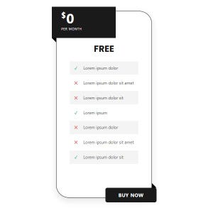 Puede incluir: Gráfico en blanco y negro con la palabra «FREE» y una lista de funciones. La parte superior del gráfico tiene el texto «0 € POR MES». La parte inferior tiene un botón «COMPRAR AHORA». Algunas funciones están marcadas y otras no.