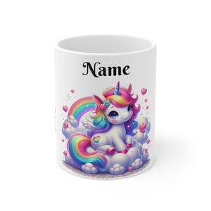 Kleurrijke eenhoornmok, schattige eenhoornkoffiekop, gepersonaliseerde naammok, cadeau voor kinderen, magisch cadeau eenhoornliefhebber