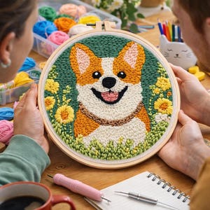 May include: A circular embroidery hoop with a smiling corgi dog design. The corgi has orange and white fur, with a pink tongue and black eyes. The background is green with yellow flowers and green grass. The hoop is held by two people.
