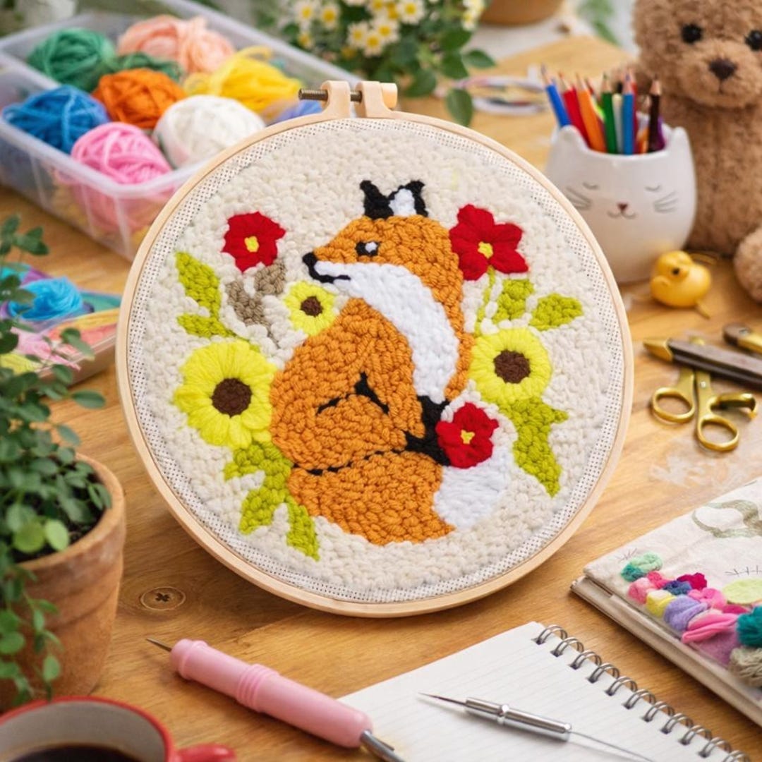 Fox Punch Needle Kit, Woodland Floral Embroidery DIY Craft, Beginner ...