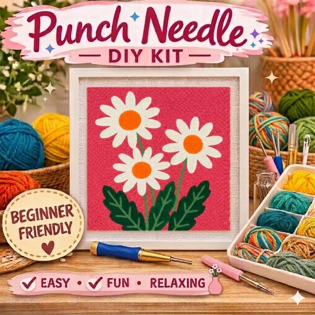 Daisy Punch Needle Kit: Beginner Embroidery Craft for Floral Wall Art ...
