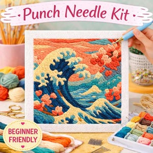 May include: Punch needle kit with a vibrant wave design in blue, yellow, and orange. The kit includes a canvas, punch needle tool, and threads. The text "Punch Needle Kit" and "Beginner Friendly" are displayed. Ideal for beginners.