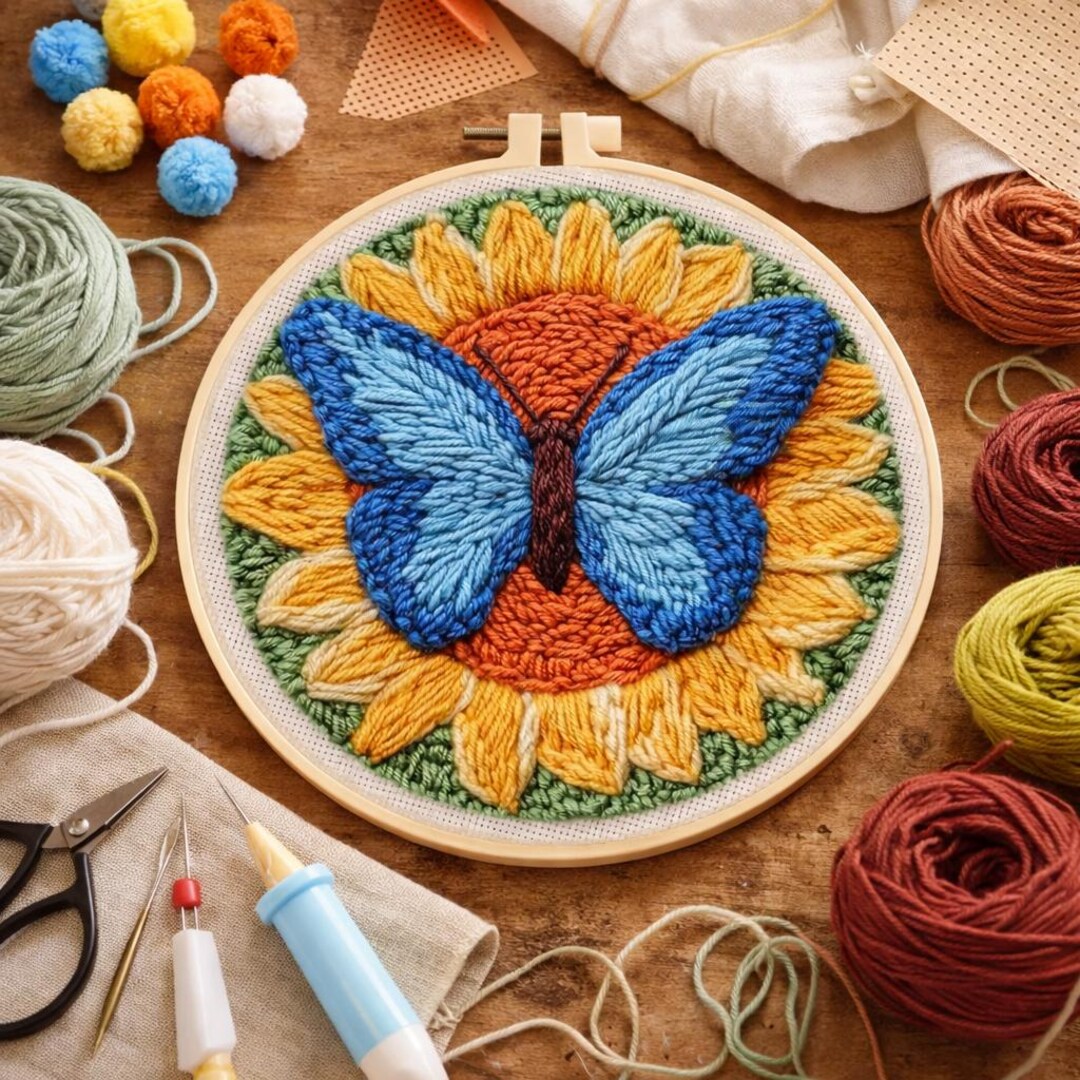 Butterfly Sunflower Punch Needle Kit, Beginner Yarn Painting Hoop Art ...