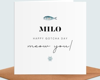 Happy Gotcha Day Cat Card | Watercolor Fish & Paw Print Design