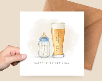 Gepersonaliseerde eerste Vaderdagkaart | Illustratie bier- en melkfles