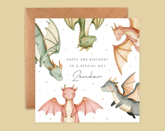 Tarjeta de cumpleaños personalizada de dragón / Arte mágico de acuarela para niños