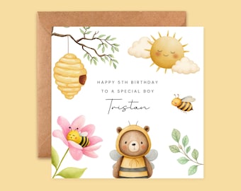 Personalised Bear and Bee Birthday Card | Summer Boy Card