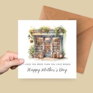 Moederdagkaart voor moeder boekenliefhebber | Aquarel boekhandel illustratie aandenken