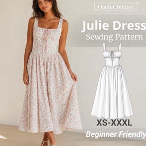 Könnte beinhalten: Ein Schnittmuster für das Julie-Kleid, bestehend aus einem weißen Midikleid mit kleinem rosa Blumenmuster, eckigem Ausschnitt und einem Oberteil zum Binden. Das Bild enthält eine technische Strichzeichnung des Kleides sowie den Text HauteCouture, Julie Dress Sewing Pattern, XS-XXXL und Beginner Friendly.