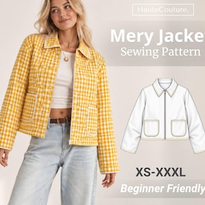 May include: A yellow and white gingham jacket with a collar, long sleeves, and two front pockets. The image includes text reading HauteCouture. Mery Jacket Sewing Pattern XS-XXXL Beginner Friendly, alongside a white technical line drawing of the jacket.